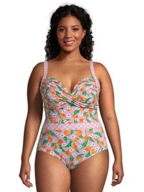 Draper James x Lands End One Piece Wrap Swimsuit Orange Blossom Gingham Size 20W